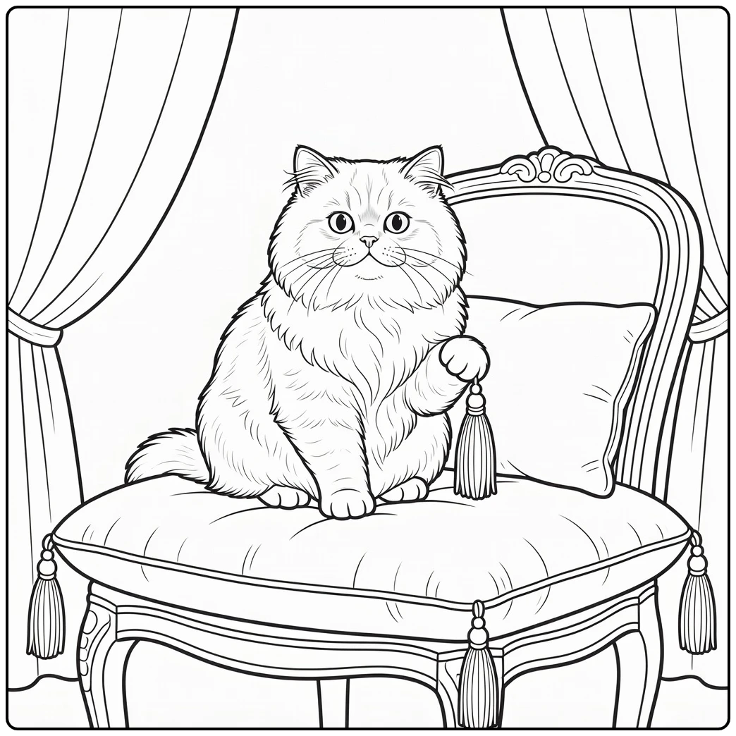 Fluffy Persian cat pawing tassel on cushion, persian cat coloring pages