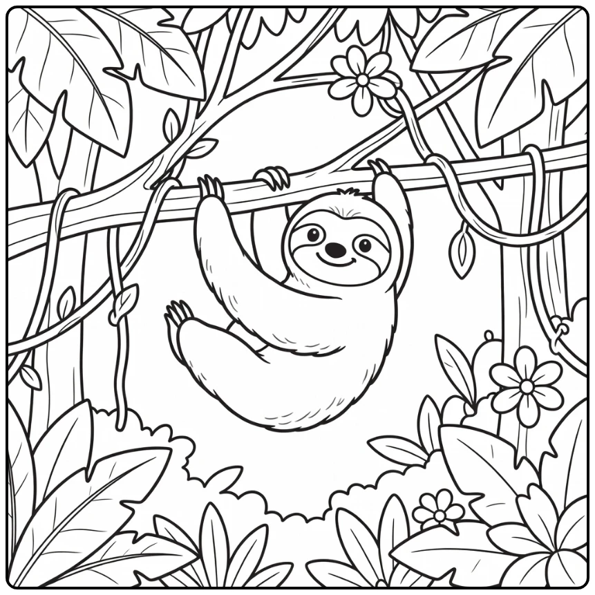 Cute sloth hanging on branch in rainforest wild animals coloring page