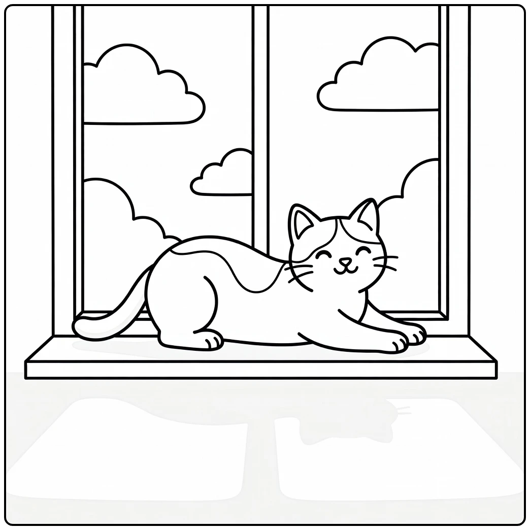 Tuxedo cat stretching on windowsill in sunlight, tuxedo cat coloring pages