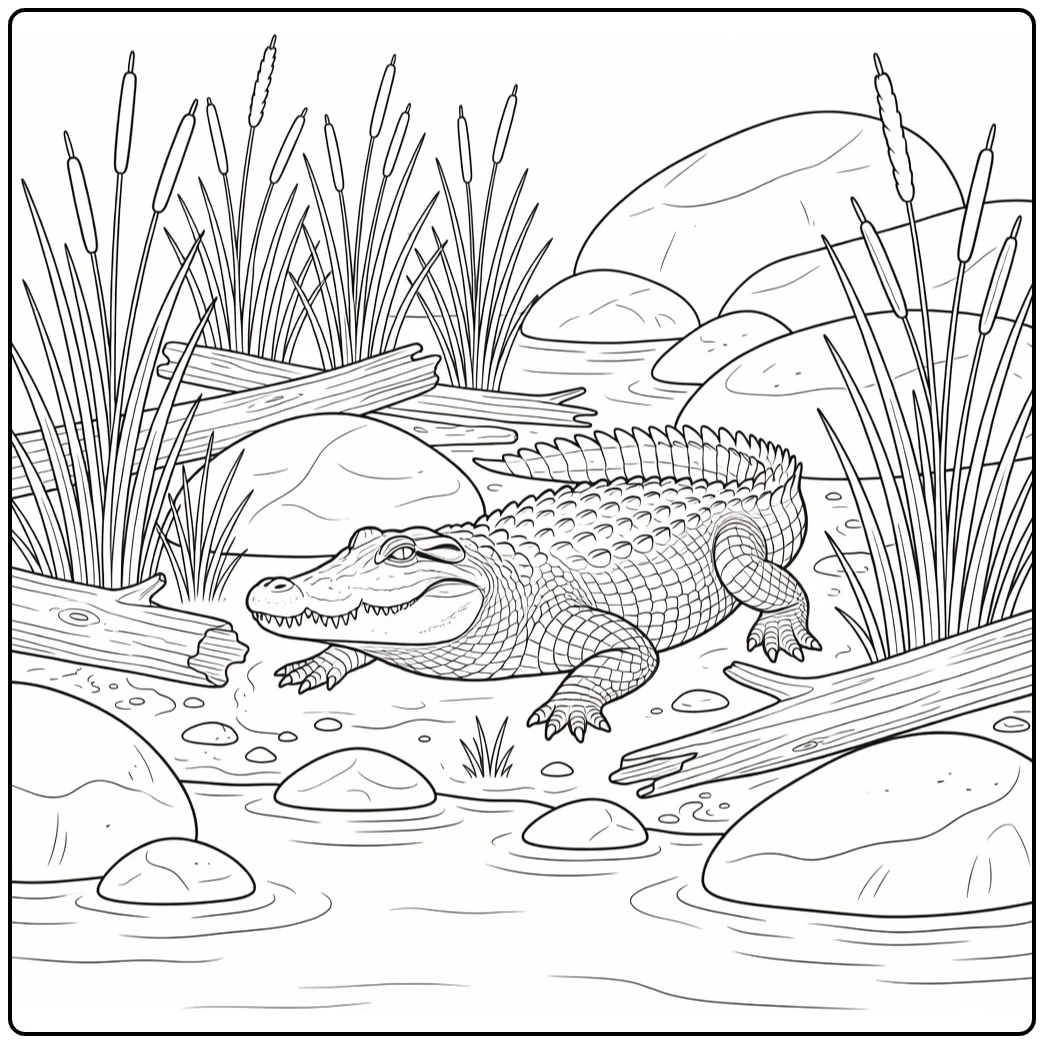 Realistic animal coloring page: crocodile on muddy riverbank with reeds