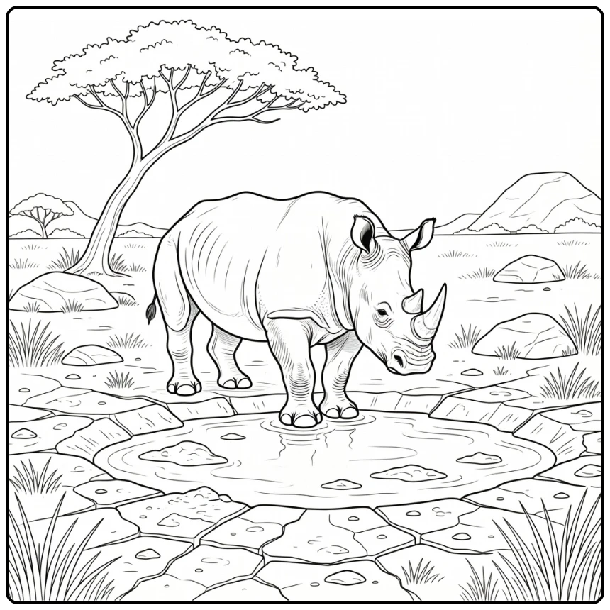 Realistic animal coloring page: rhino at mud wallow edge