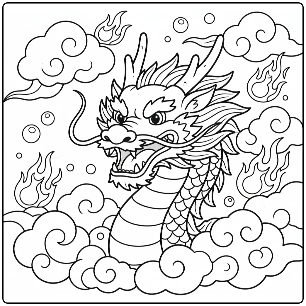 Proud Chinese dragon head coloring page roaring from clouds