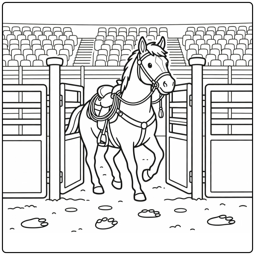 Rodeo horse coloring page stepping from open roping box gate