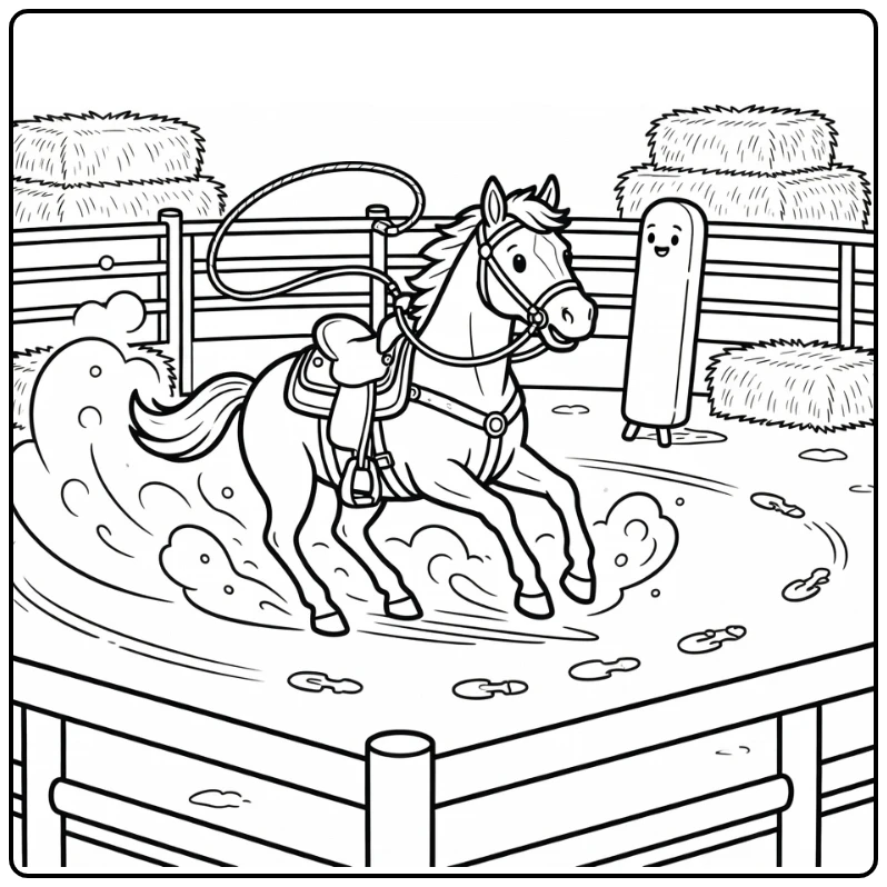 Rodeo horse coloring page with sliding stop in dusty arena