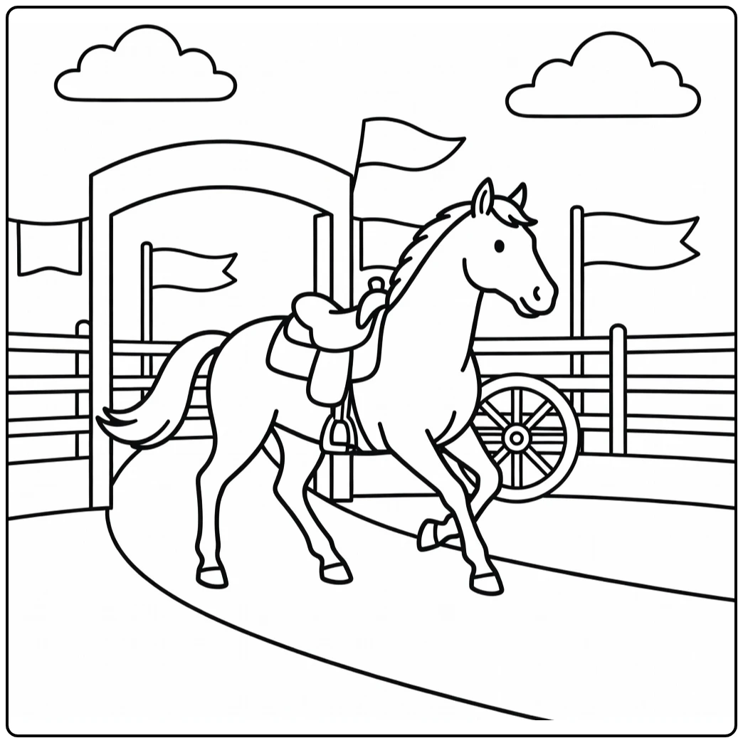 Rodeo horse coloring page showing arched neck in arena