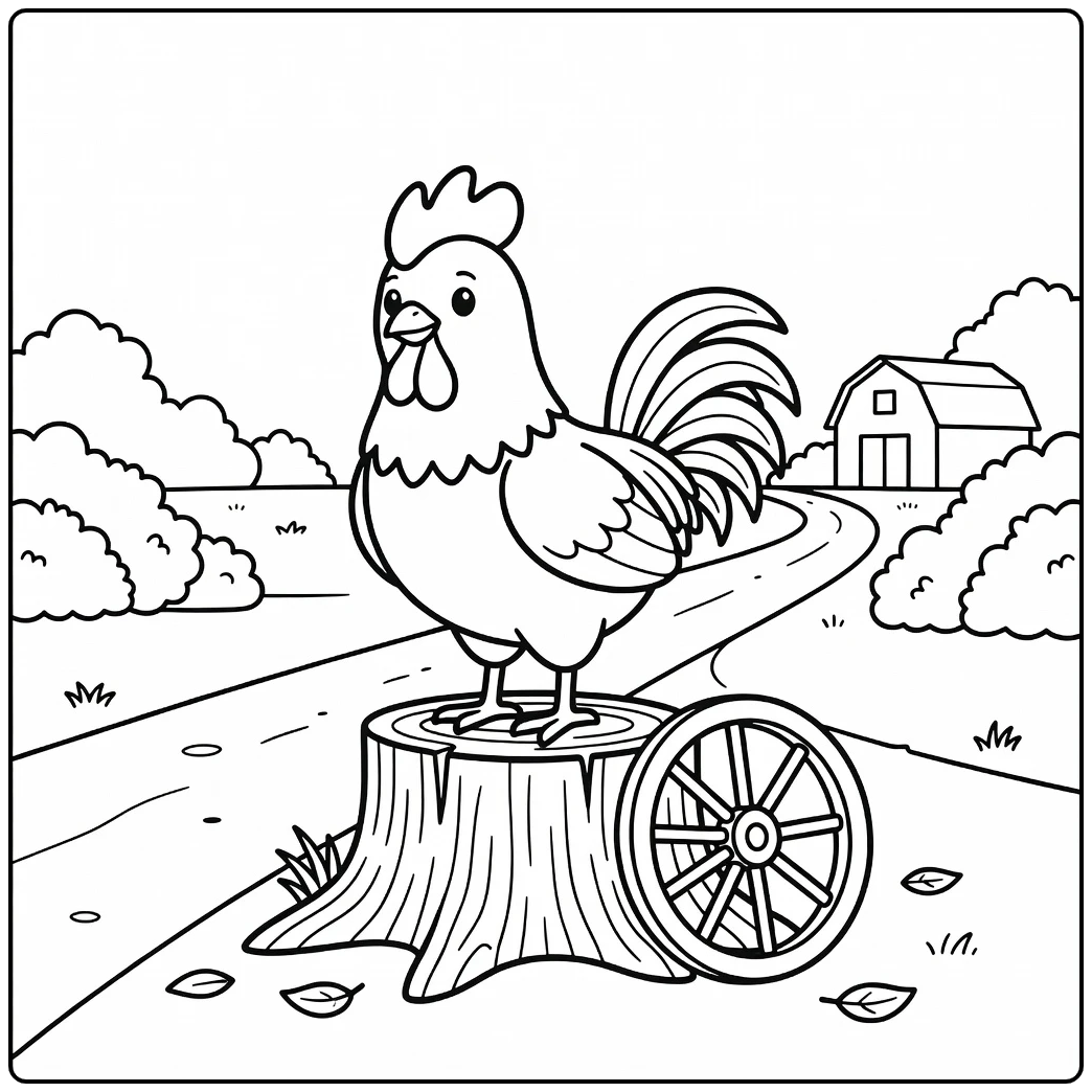 Rooster coloring page with rooster on stump and farm scene