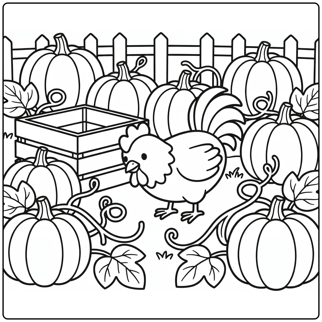 Rooster coloring page with rooster pecking in pumpkin patch