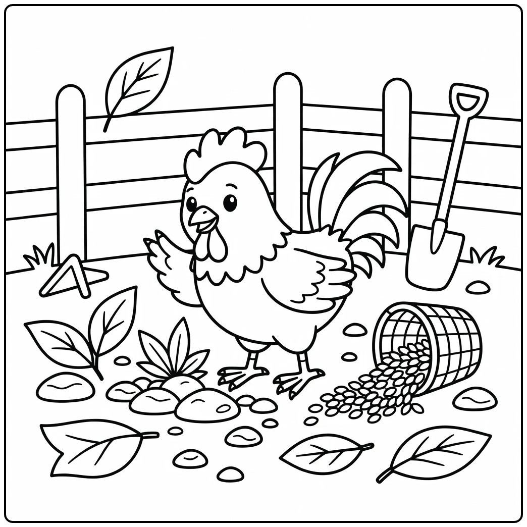 Rooster coloring page with barnyard scene and grain basket