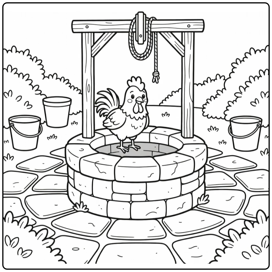 Rooster coloring page for adults with curious bird on stone well
