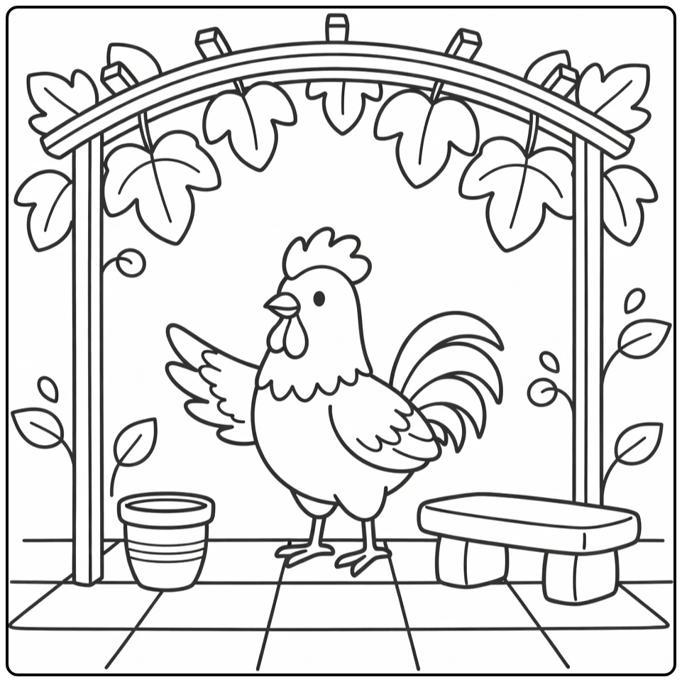 rooster coloring page for adults with grape arbor and bench