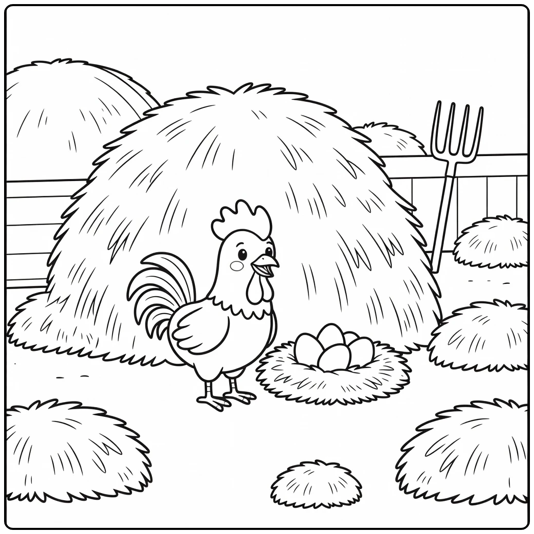Rooster Coloring Page with Nest Eggs and Haystack