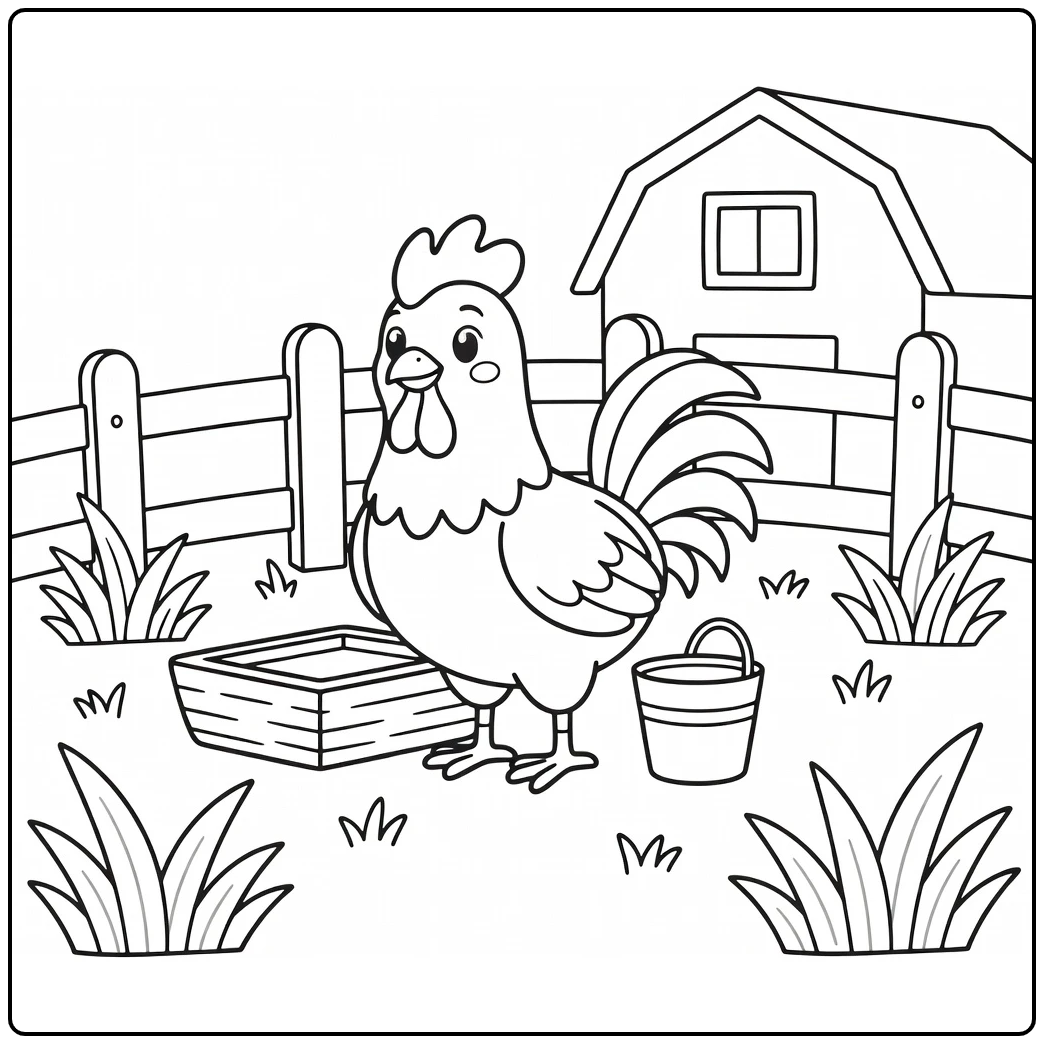 rooster coloring page with alert rooster by farmhouse trough