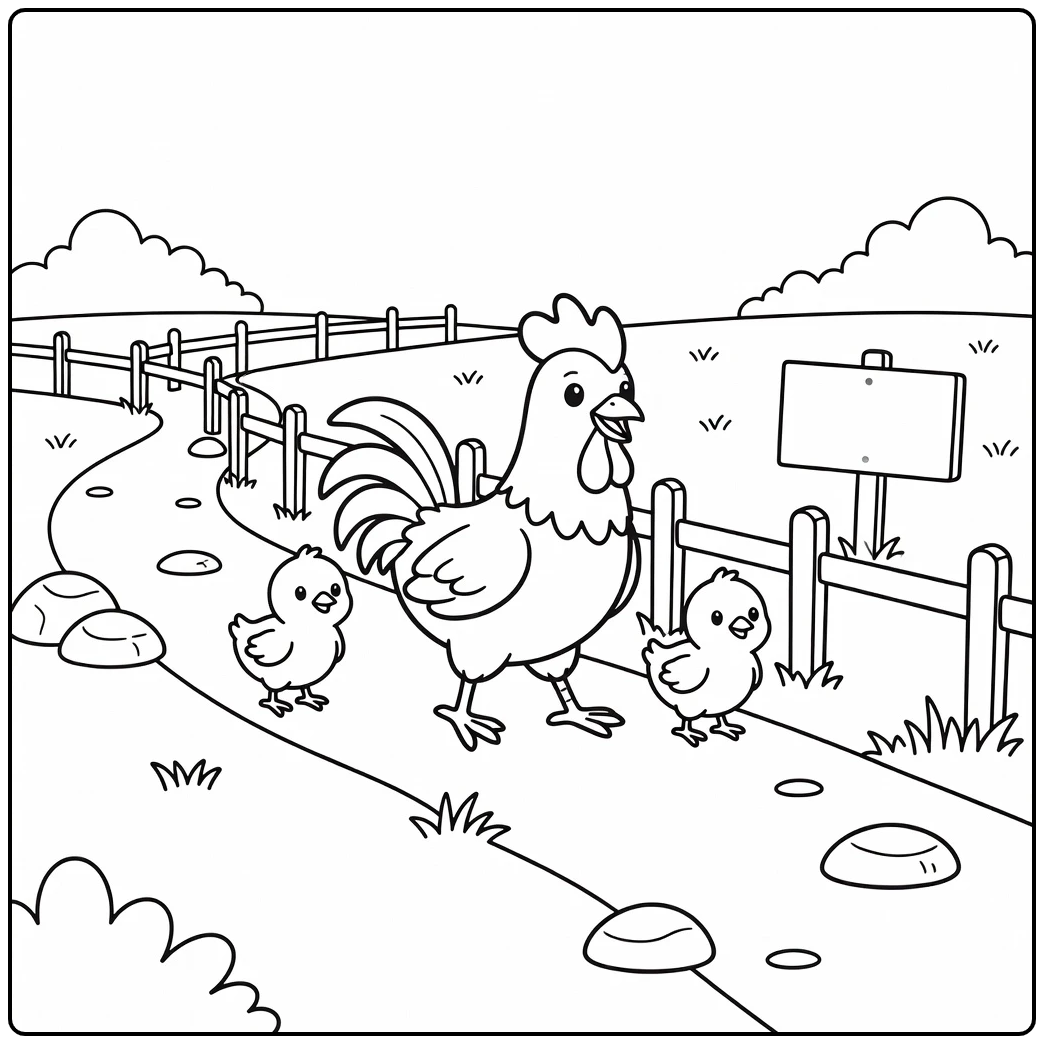 Rooster coloring page with chicks on farm trail