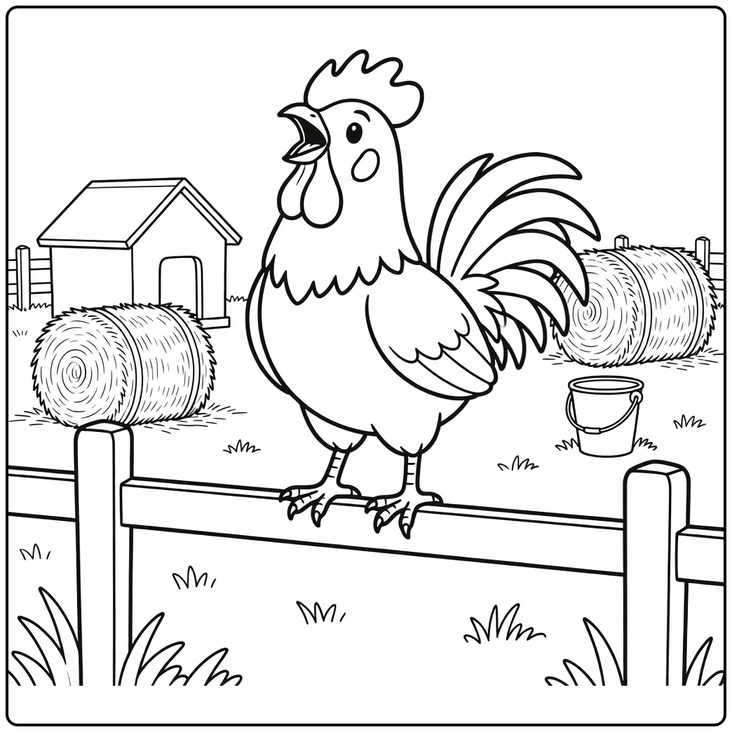 Rooster coloring page with proud rooster on farm fence