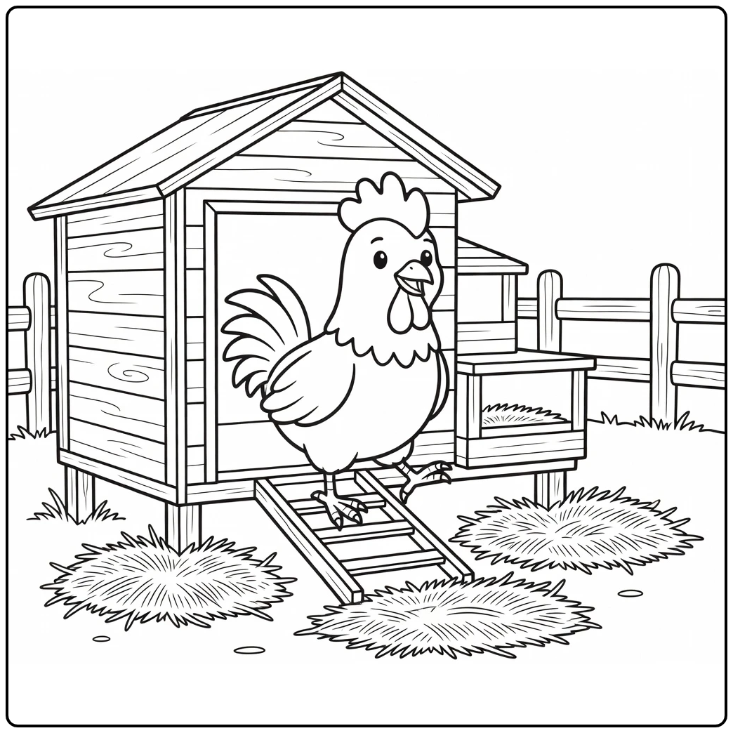 Rooster coloring page with cute farm coop scene