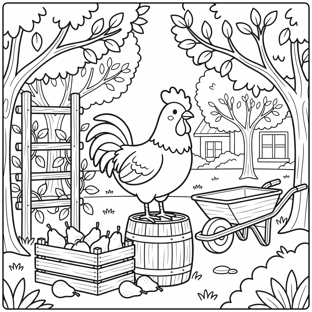 Farm animal coloring page for adults: Rooster on Barrel