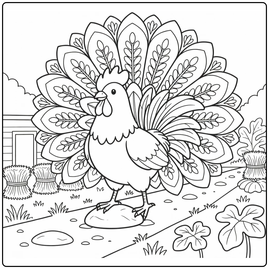 Proud rooster mandala tail on farm path animal easy mandala coloring pages
