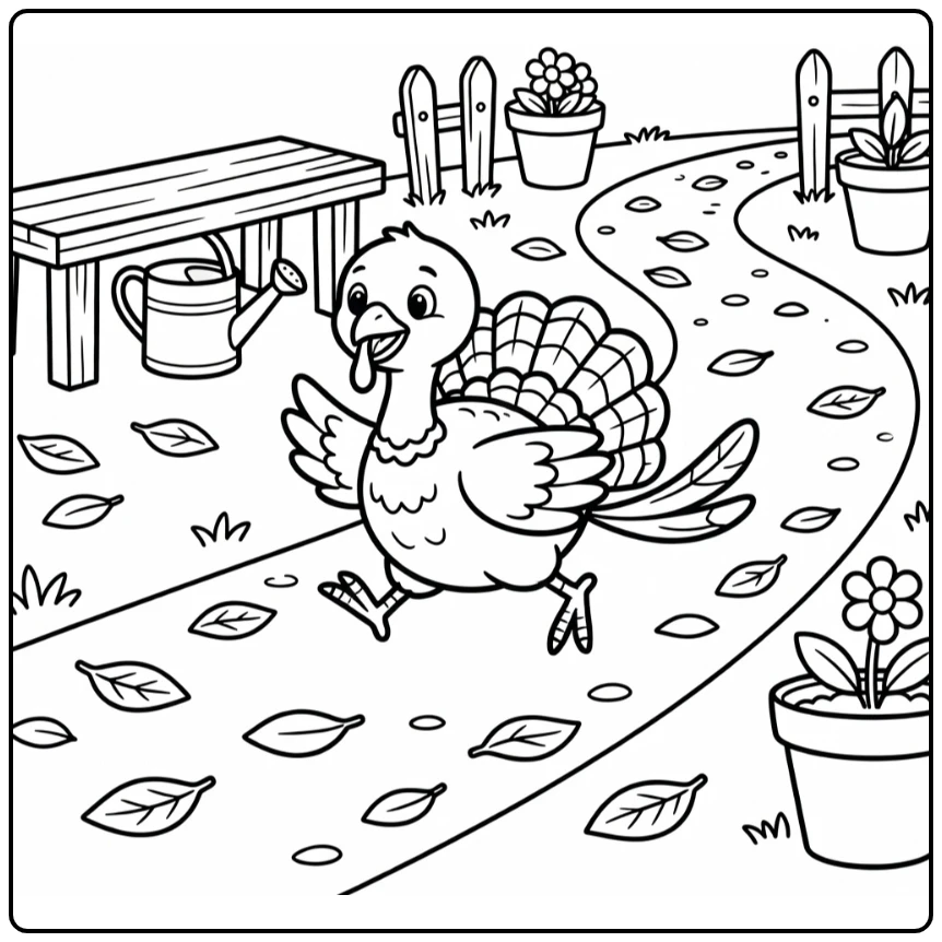 Running turkey coloring page with young farm bird on path