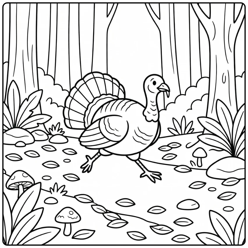 running turkey coloring page in woodland with trees and leaves
