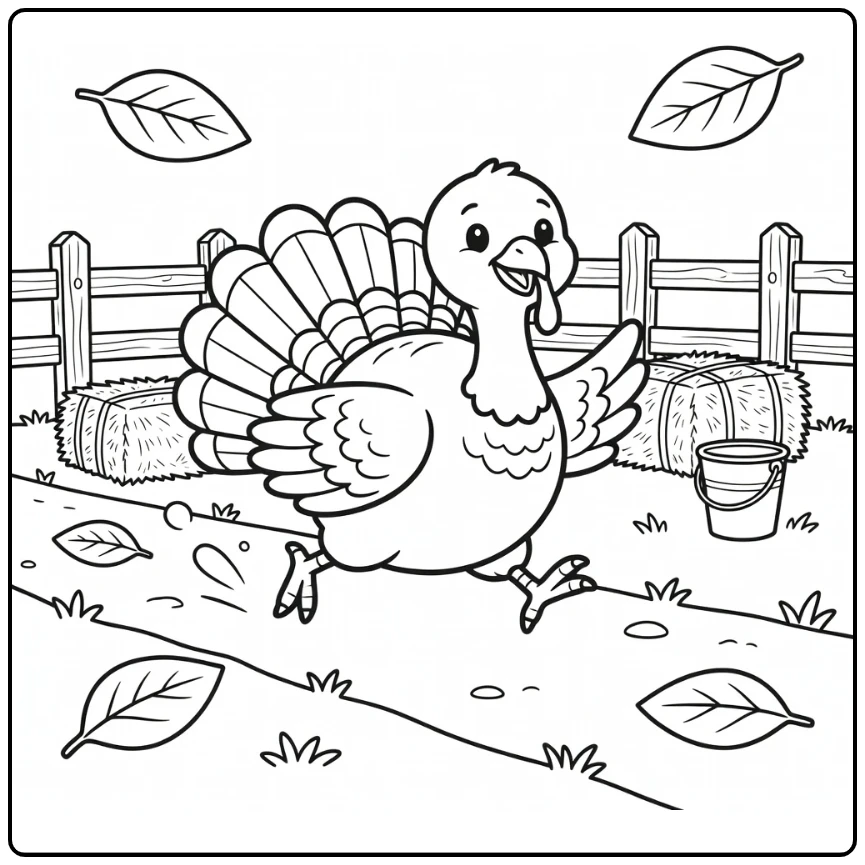 Running turkey coloring page with plump bird on farm path