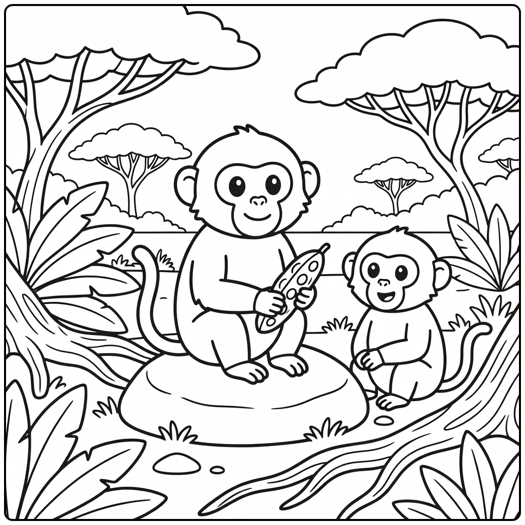 Baboons in Safari Animals Coloring Page with Seed Pod