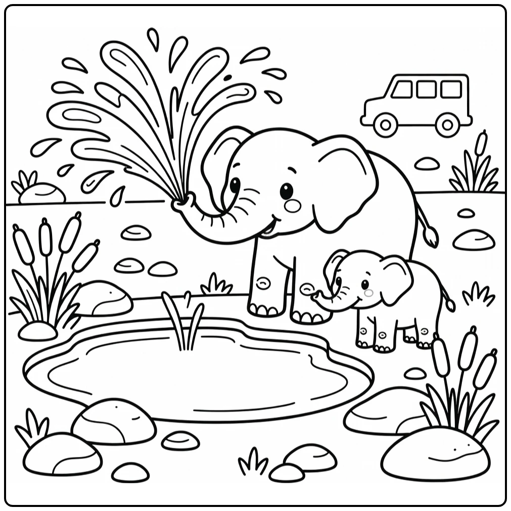 Safari animals coloring page elephants at watering hole