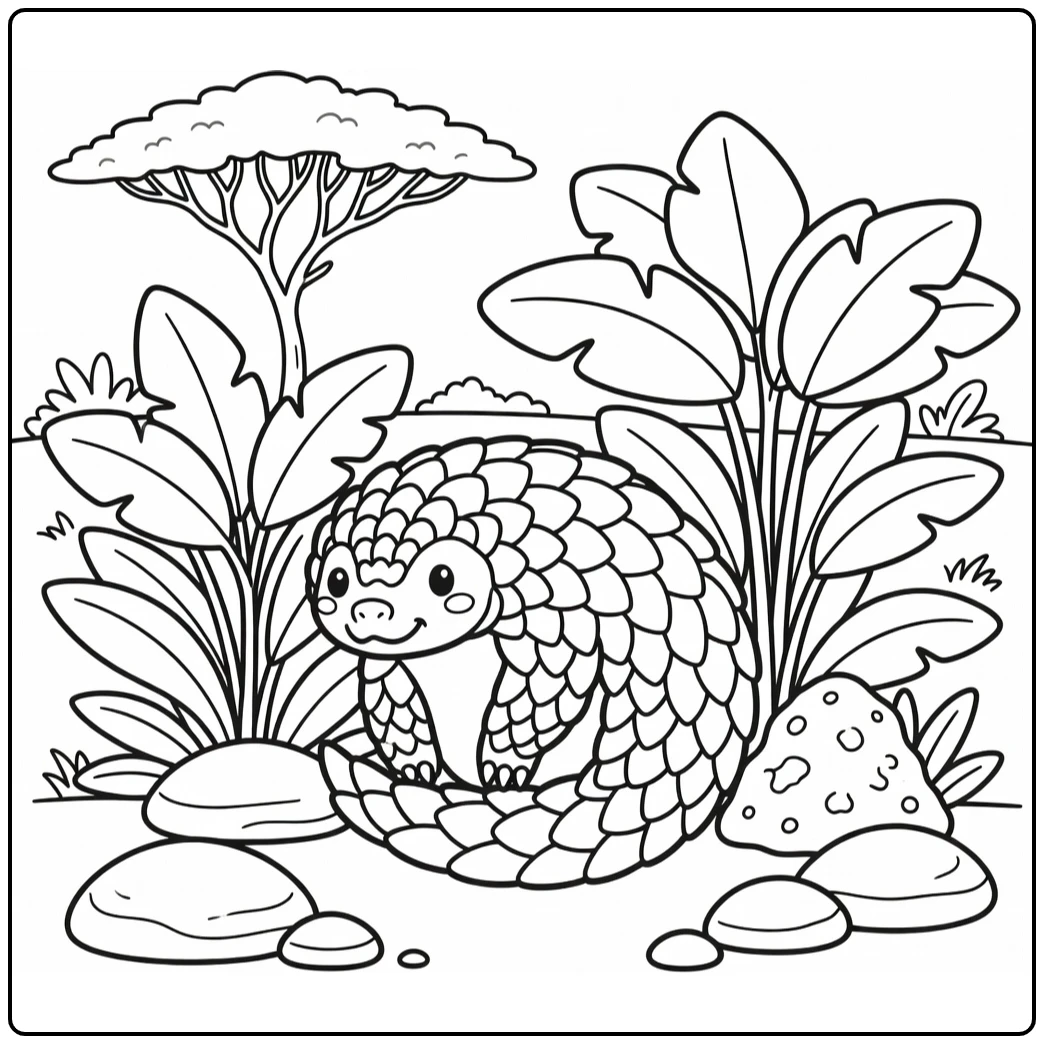 safari animals coloring page with cute curled pangolin