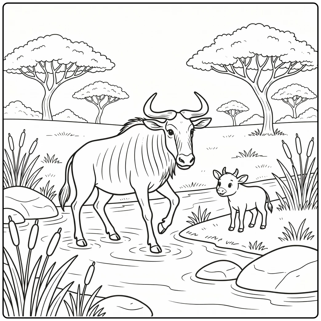 safari animals coloring page wildebeest crossing water with calf