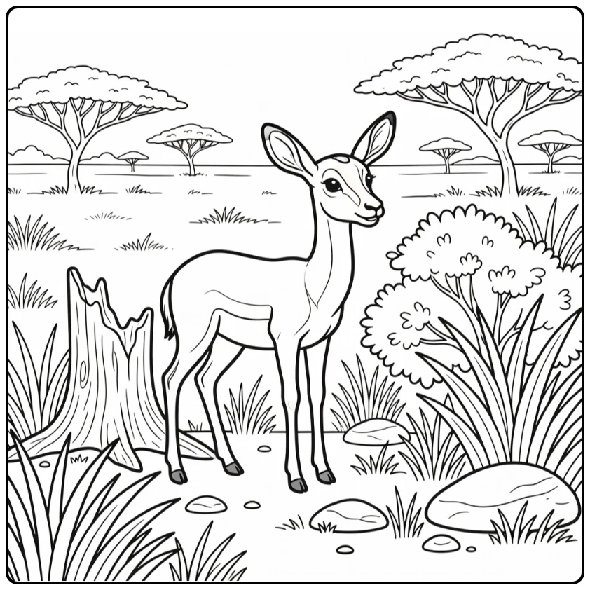 Safari animals coloring page with impala in savanna scene