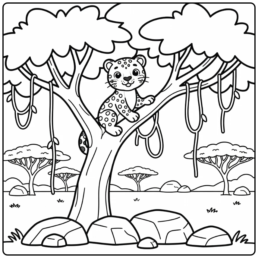 Safari animals coloring page with cute leopard on branch