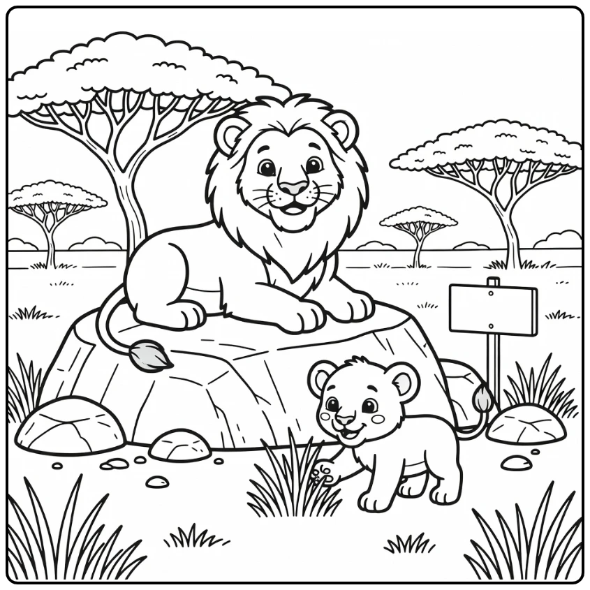 Lion and Cub in Savanna - Safari Animals Coloring Page