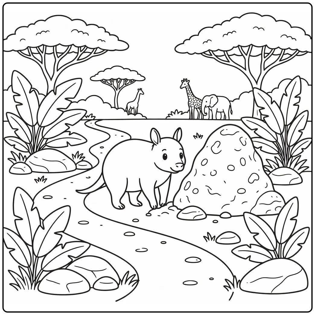 Safari animals coloring page with aardvark near termite mound