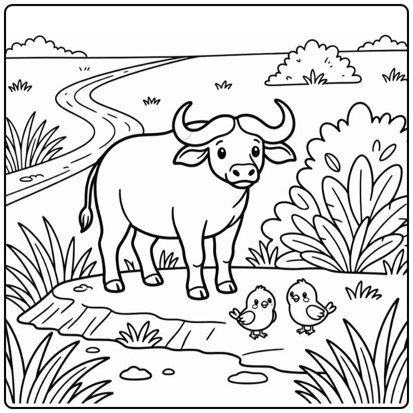 safari animals coloring page with alert buffalo and birds
