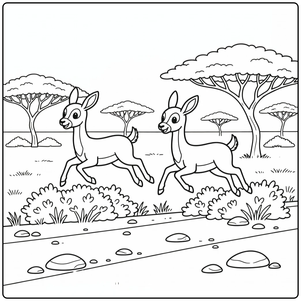safari animals coloring page with two leaping gazelles