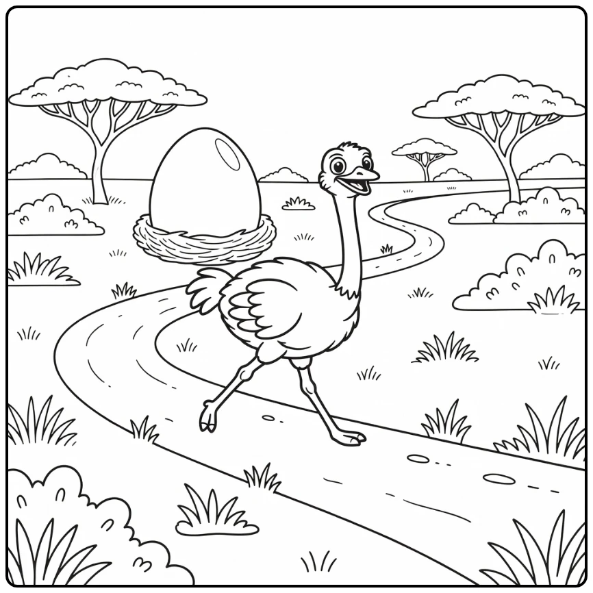 Safari animals coloring page with ostrich by winding track