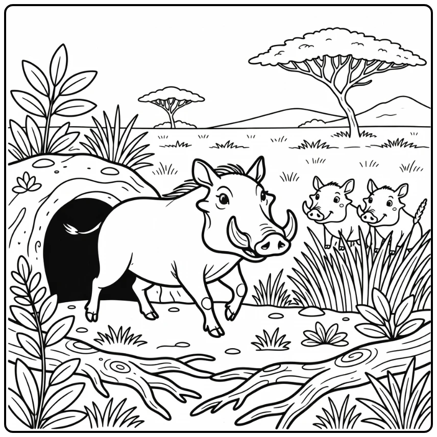 Cute Safari Animals Coloring Page with Baby Warthogs in Grass