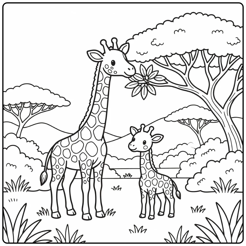 safari animals coloring page giraffe calf acacia savanna