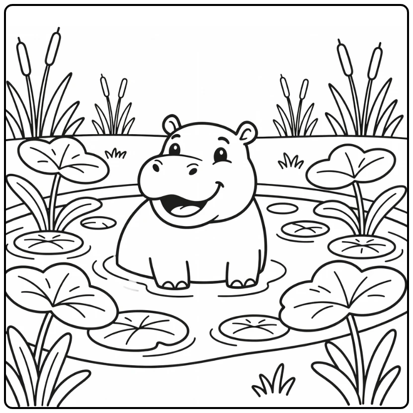 Cute hippo safari animals coloring page in calm pool