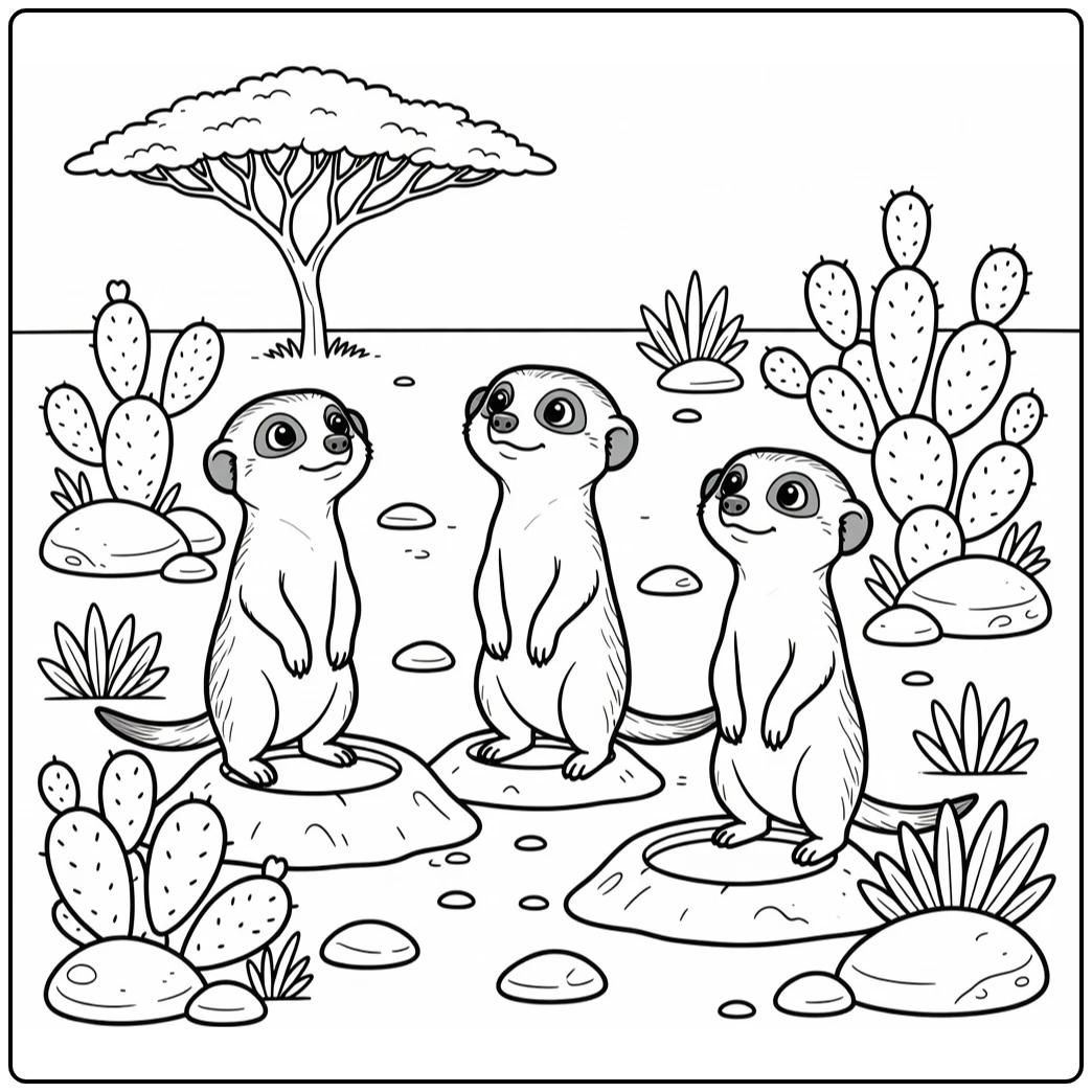 Safari animals coloring page featuring three meerkats exploring