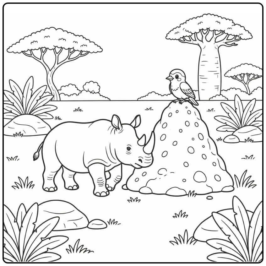 Cute Rhinoceros in Safari Animals Coloring Page Scene