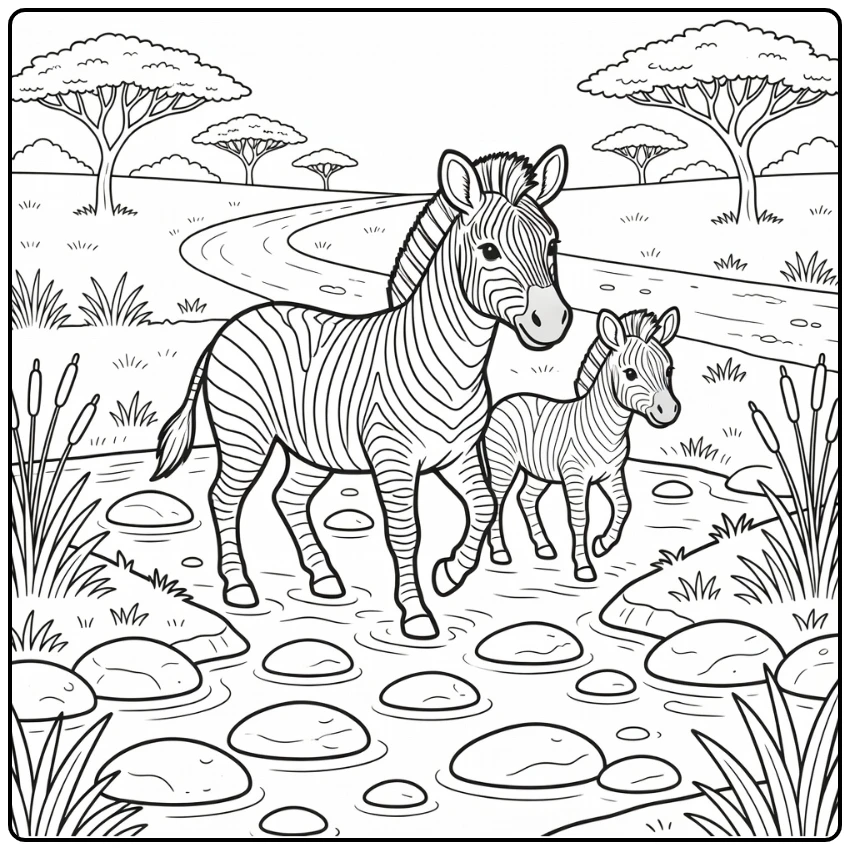 Safari animals coloring page zebra and foal crossing stream