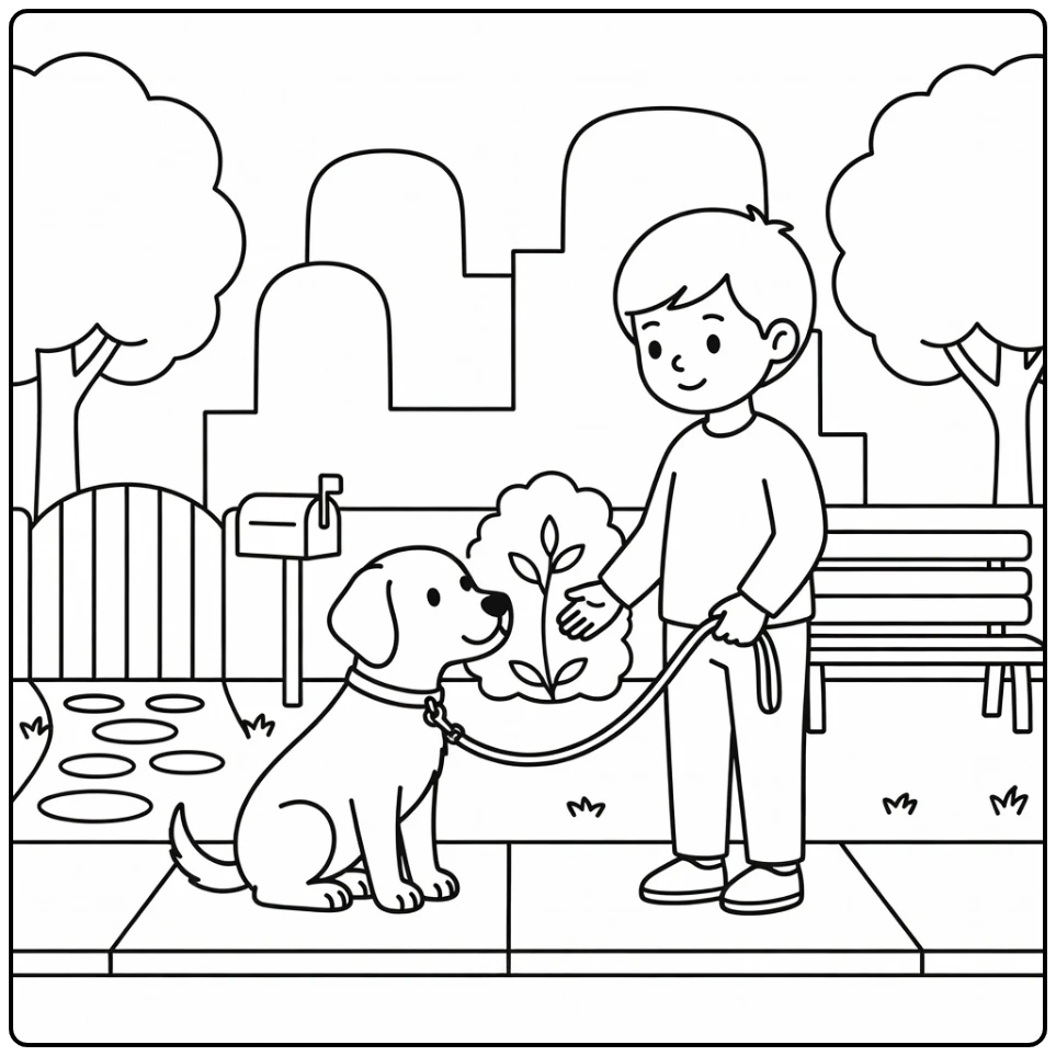 Child safely greets calm dog: Dog bite prevention coloring pages