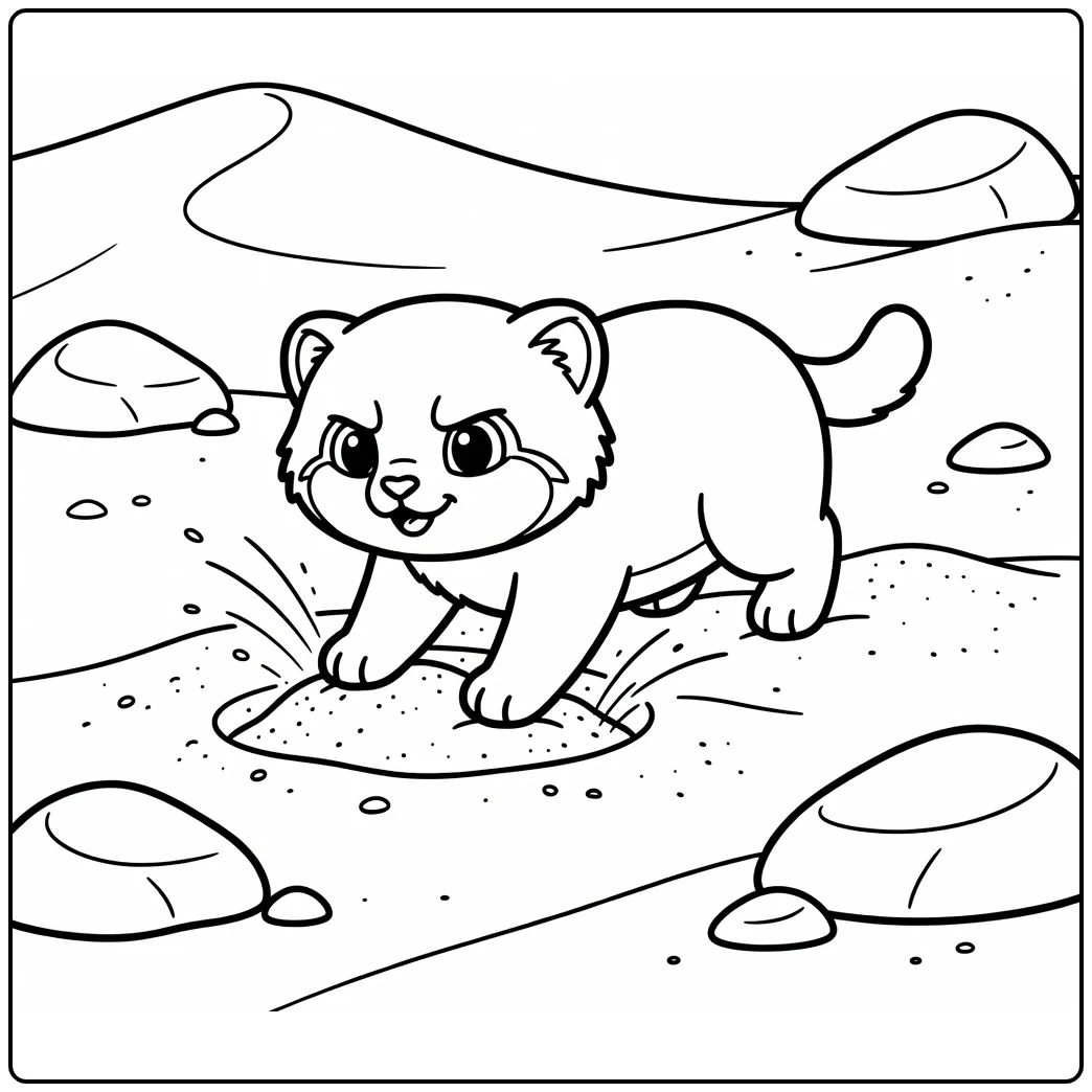Sand cat coloring pages: focused cat digging paws in sand