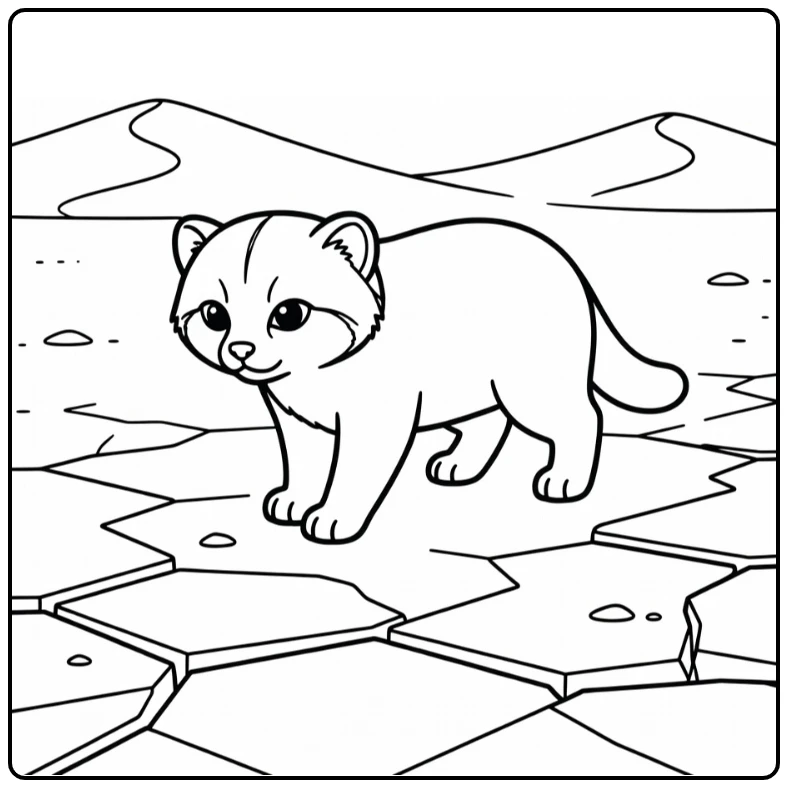 Sand cat coloring pages: cautious steps on cracked desert