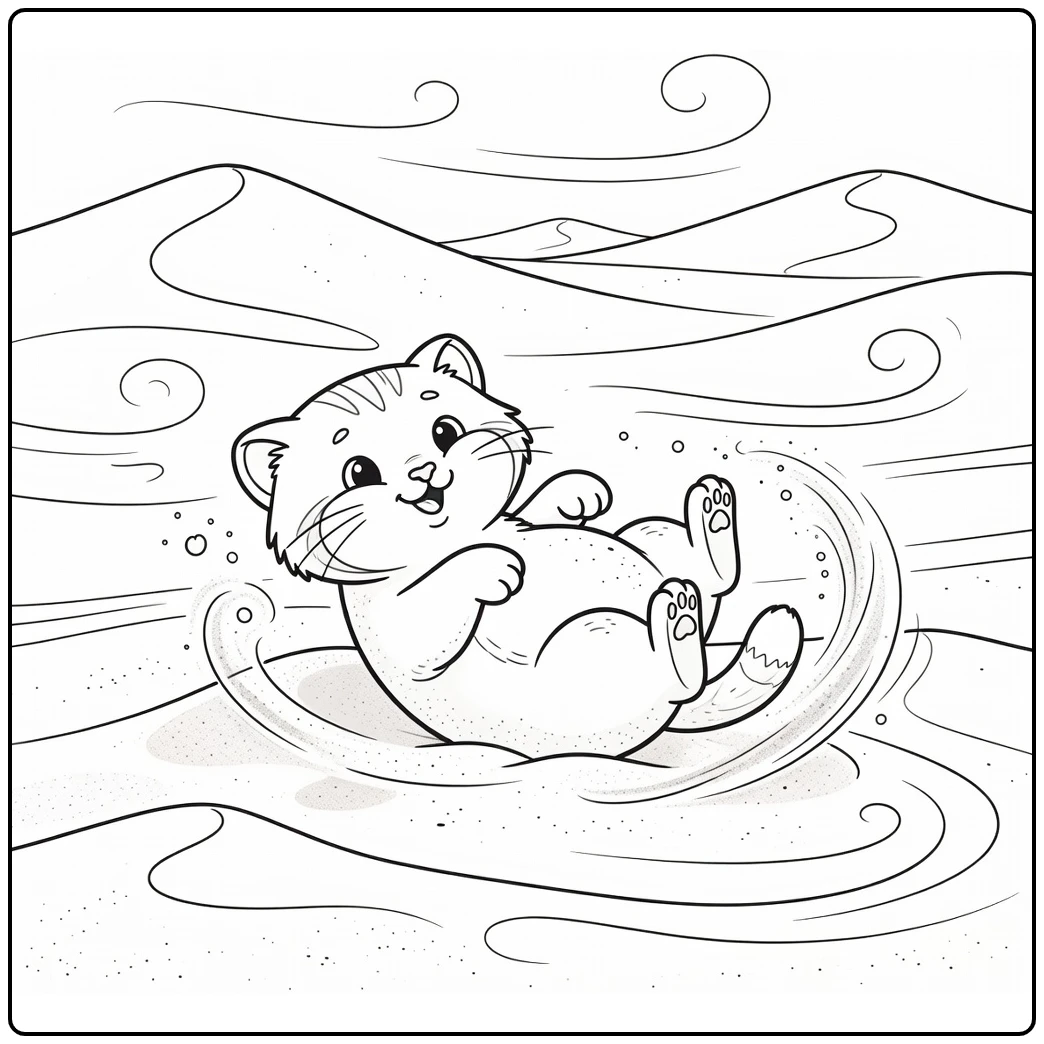 Sand cat coloring pages: playful kitten rolling in sand swirl
