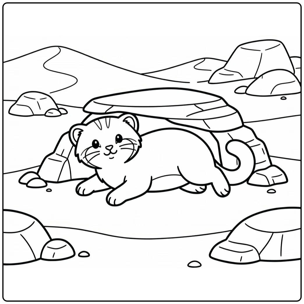 Relaxed sand cat coloring pages under rocky overhang