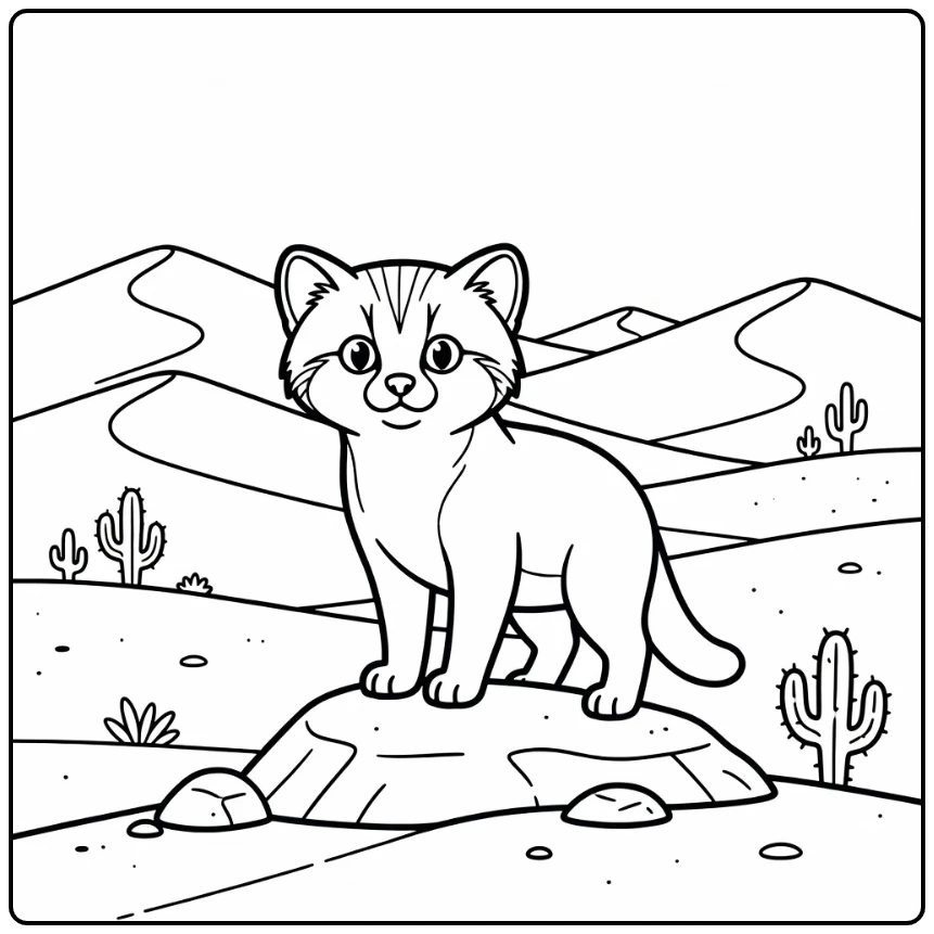 Sand cat coloring pages: alert feline on rock eyeing desert