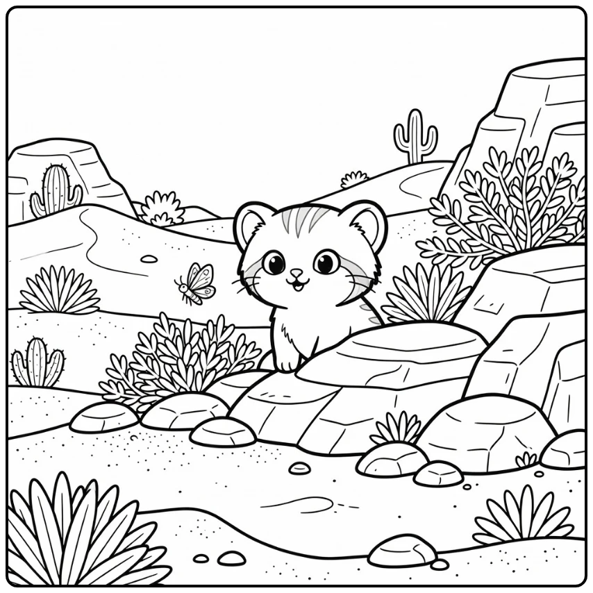 Desert animal coloring page: sand cat peeks at moth