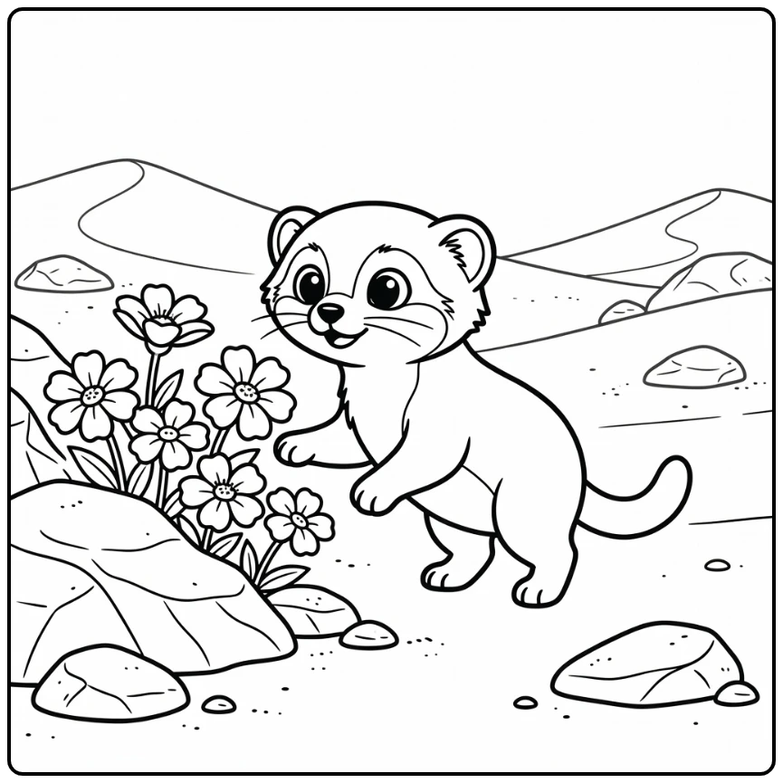 Curious sand cat sniffing desert flowers, sand cat coloring pages