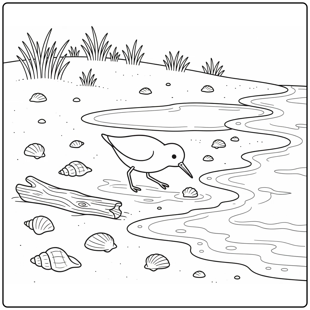 Beach animals coloring page: sandpiper pecking shell by wave